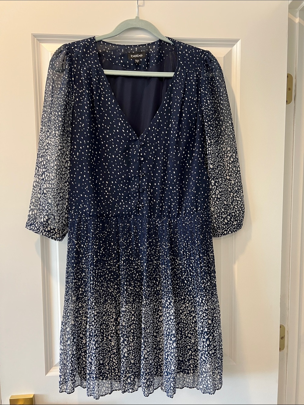 bebe Navy and White Speckled V-Neck Dress